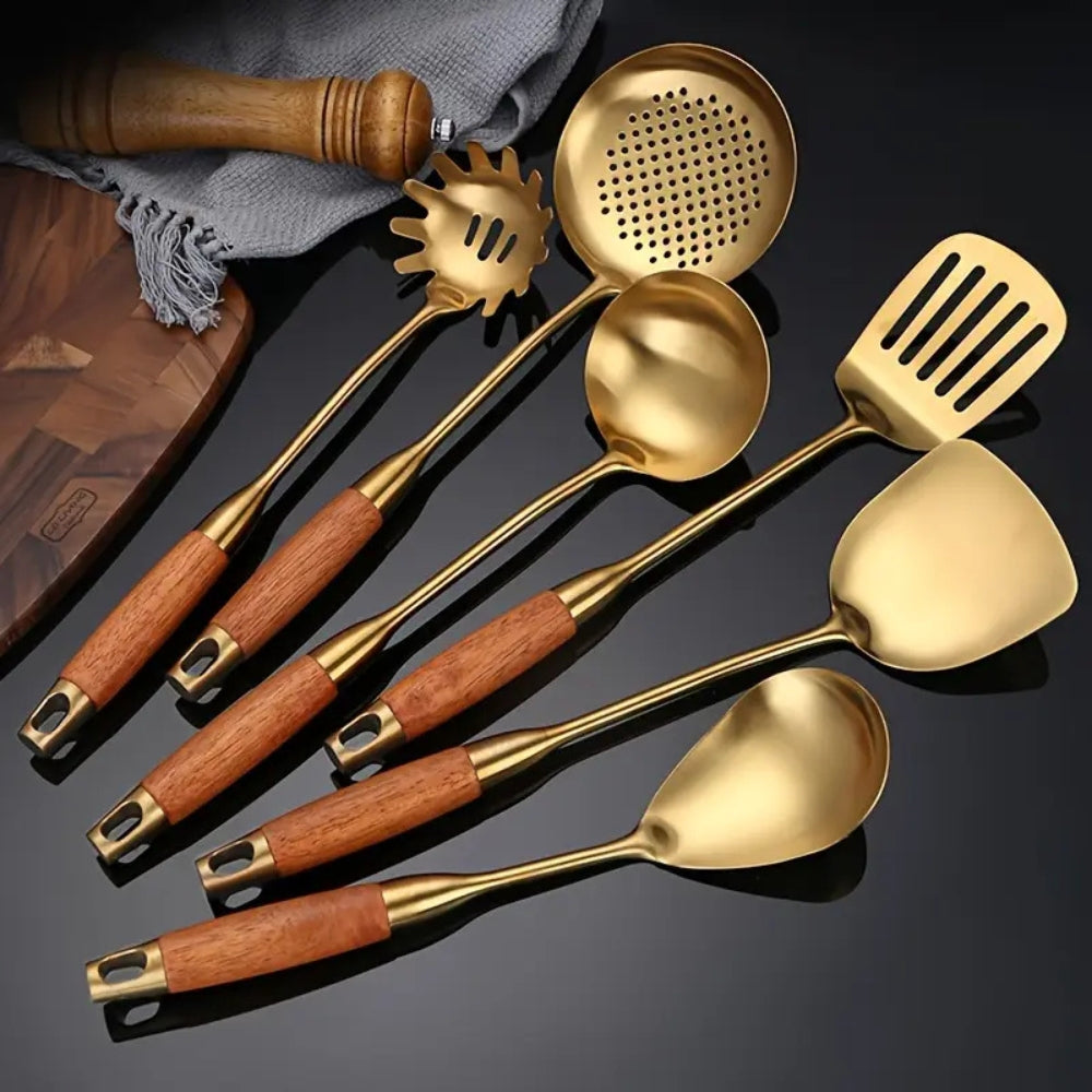 6-Piece Kitchen Utensil Set in Gold-Colored Stainless Steel with Wooden Handles Wok Turner Skimmer
