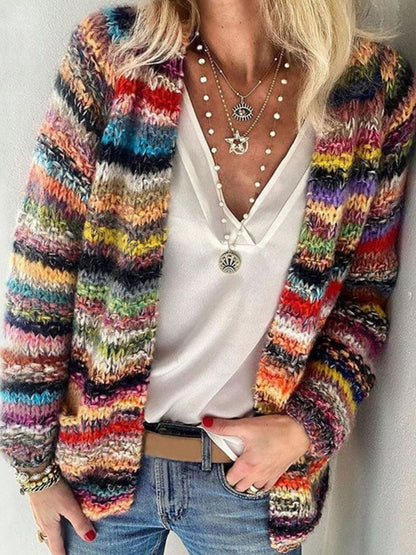 Women's cardigan with colorful stripe pattern and open front