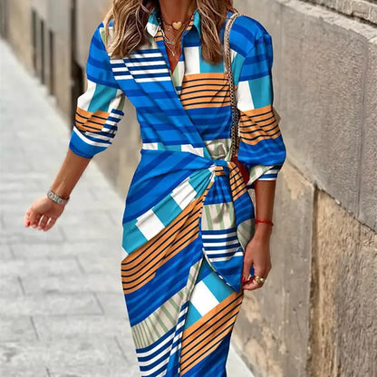 Women's Maxi Wrap Dress with Geometric Print, Shirt Collar, and Long Sleeves in Satin Look