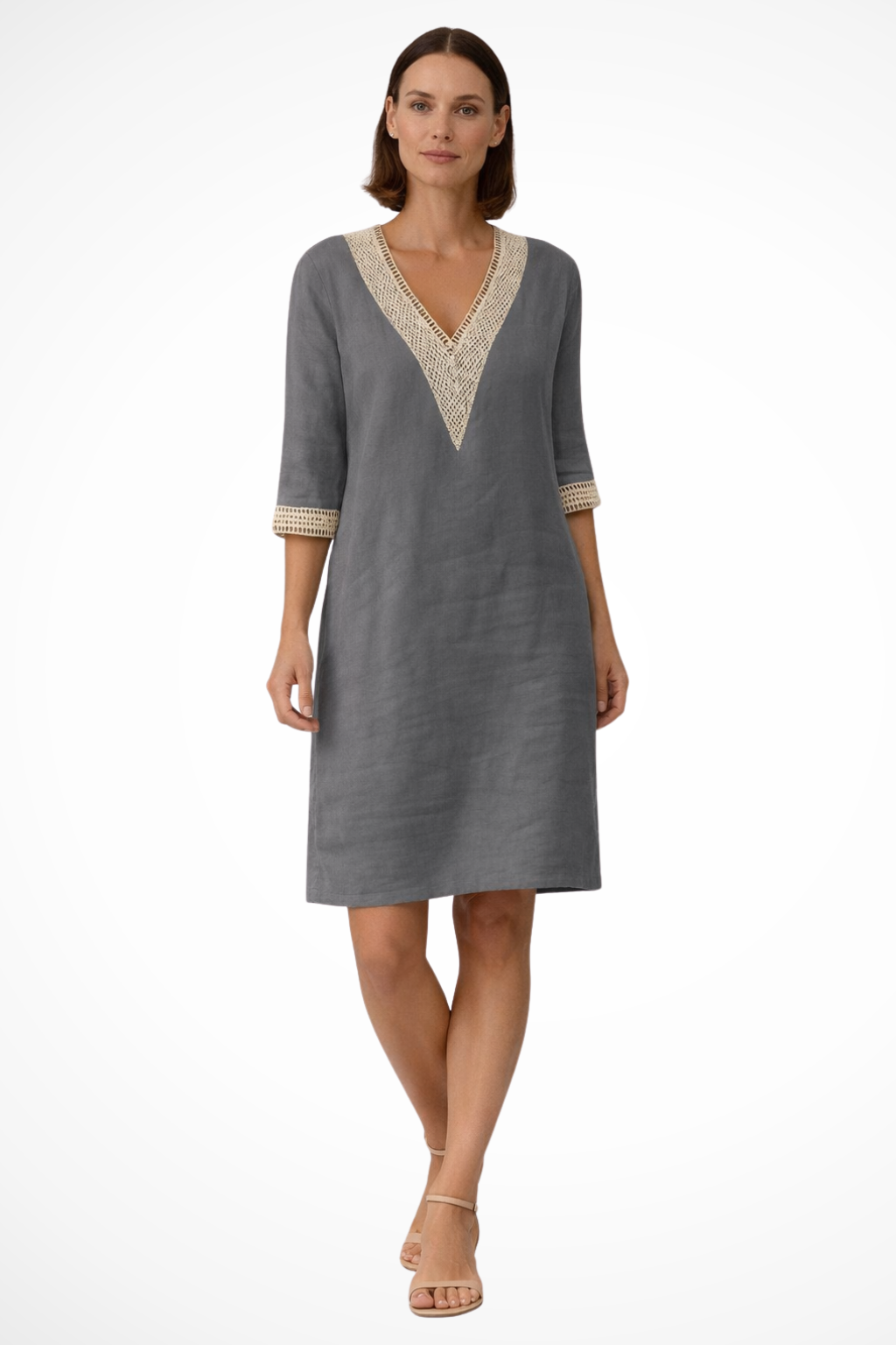 Women's Linen Midi Dress with V-Neck and Crochet Lace 3/4 Sleeves in Loose Tunic Cut
