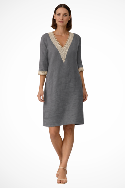 Women's Linen Midi Dress with V-Neck and Crochet Lace 3/4 Sleeves in Loose Tunic Cut