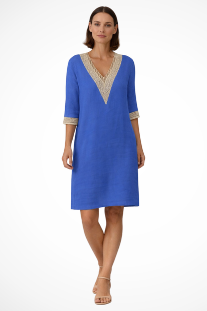 Women's Linen Midi Dress with V-Neck and Crochet Lace 3/4 Sleeves in Loose Tunic Cut