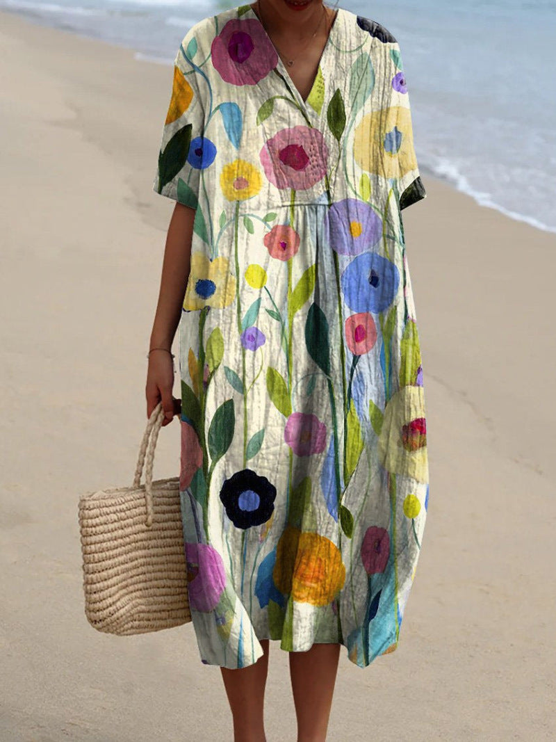 Women's Midi Dress with Watercolor Floral Print, V-Neck, and Cocoon Cut, made of Lightweight Linen Blend