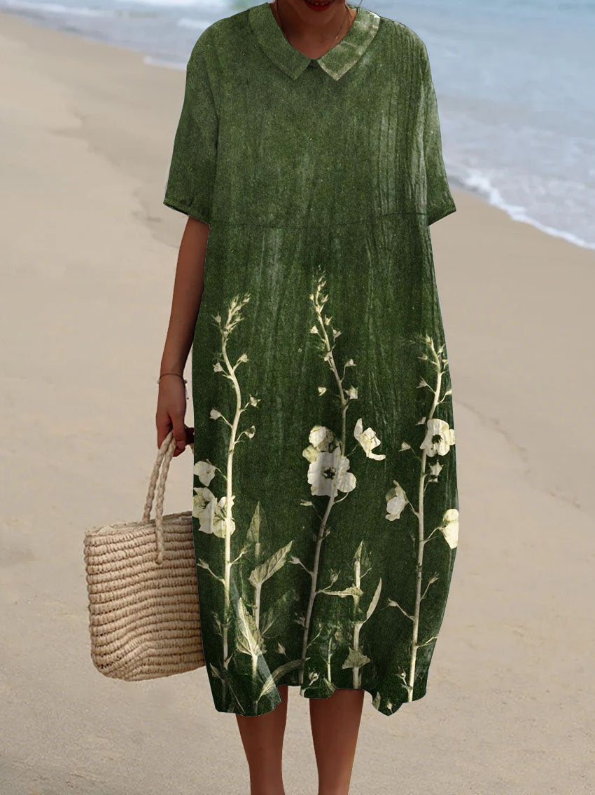 Women's Midi Dress with Watercolor Floral Print, V-Neck, and Cocoon Cut, made of Lightweight Linen Blend
