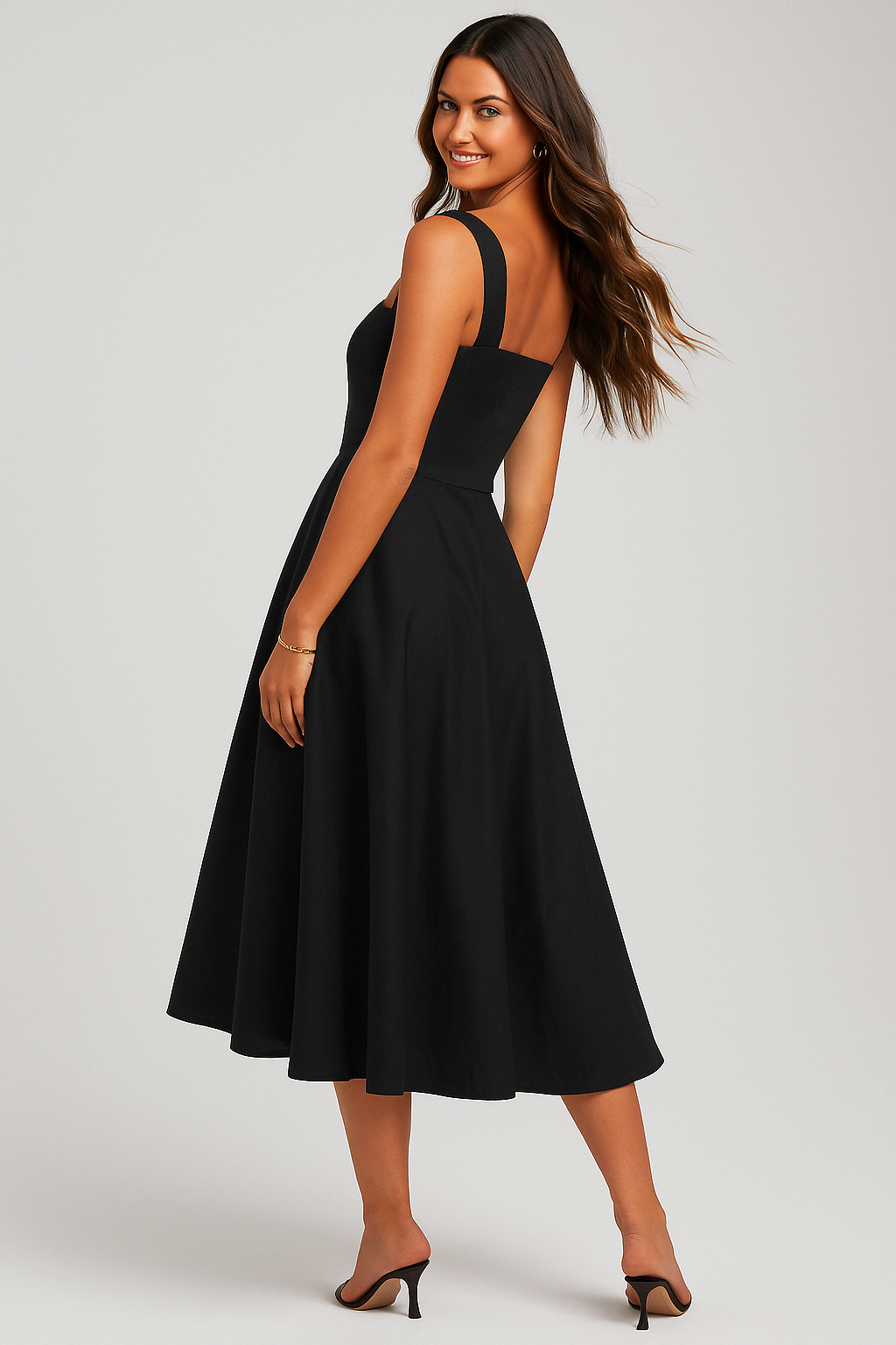 Black midi dress with wide straps and straight neckline