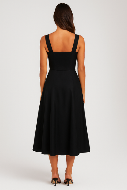Black midi dress with wide straps and straight neckline