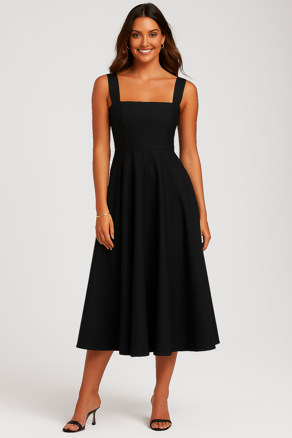 Black midi dress with wide straps and straight neckline