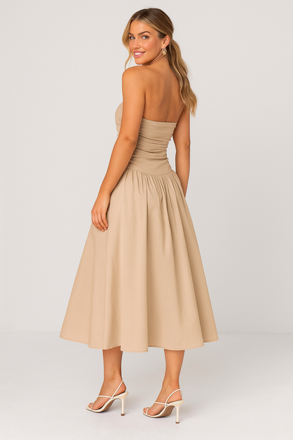 Beige strapless midi dress with gathered top