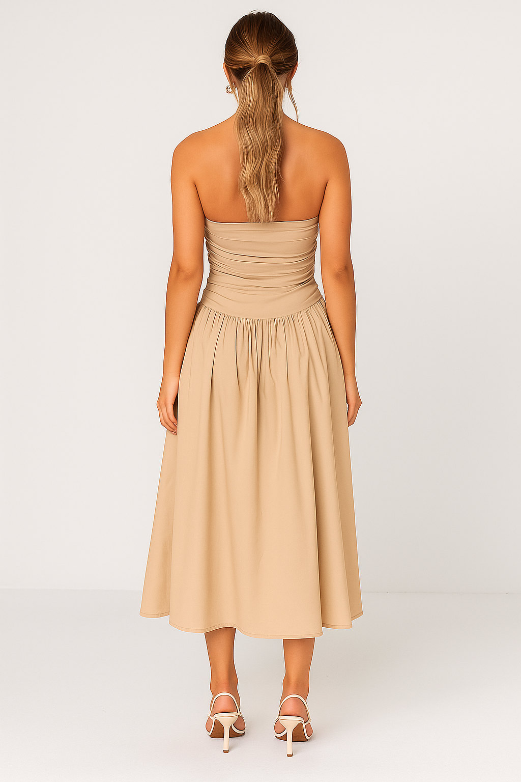 Beige strapless midi dress with gathered top