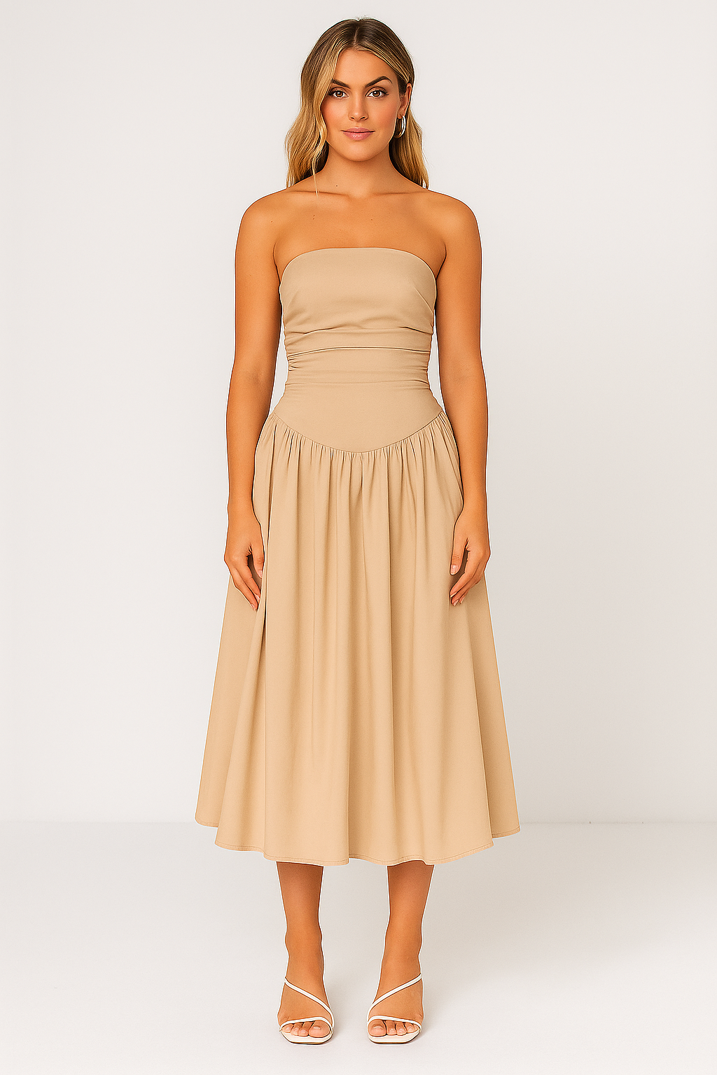 Beige strapless midi dress with gathered top