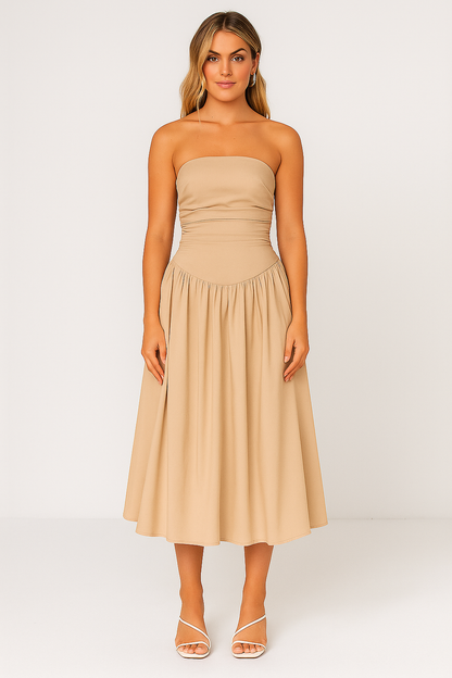 Beige strapless midi dress with gathered top