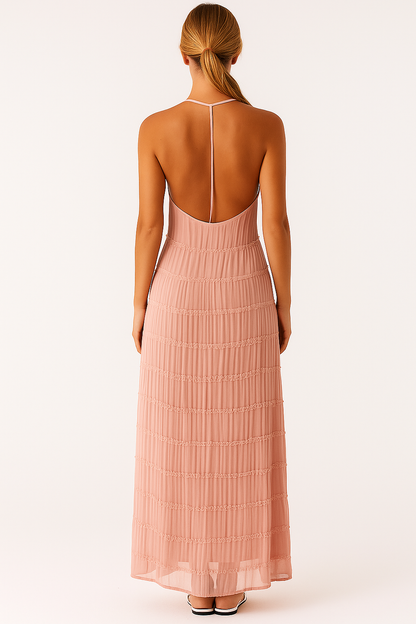 Rosé maxi dress with back cutout and pleated details