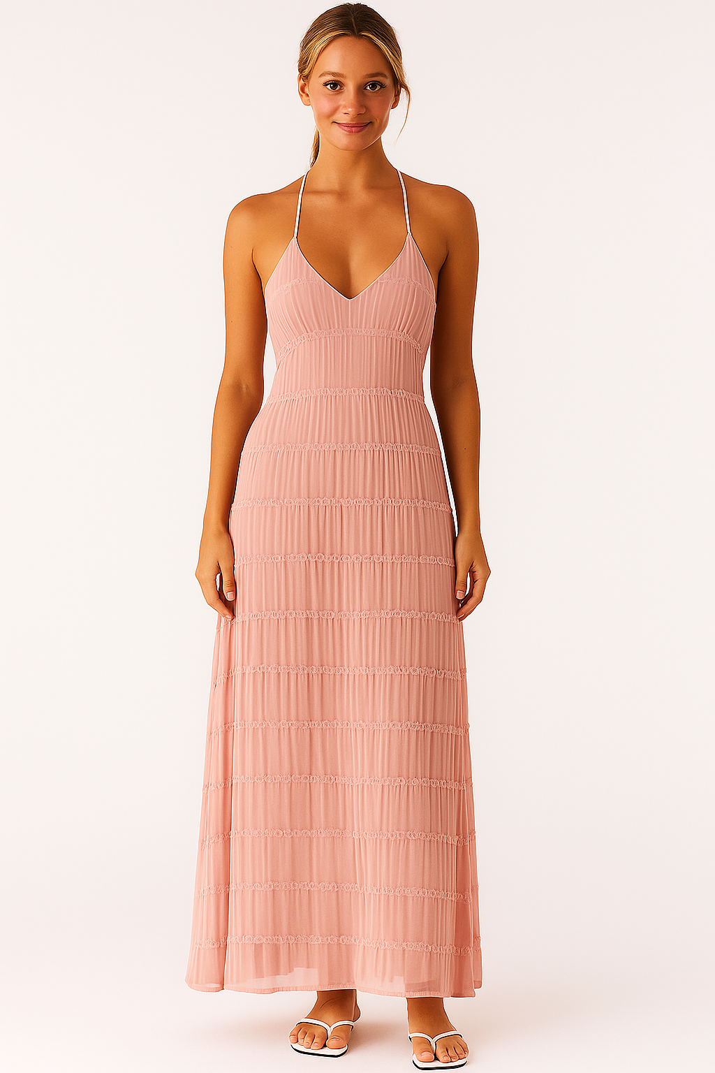 Rosé maxi dress with back cutout and pleated details