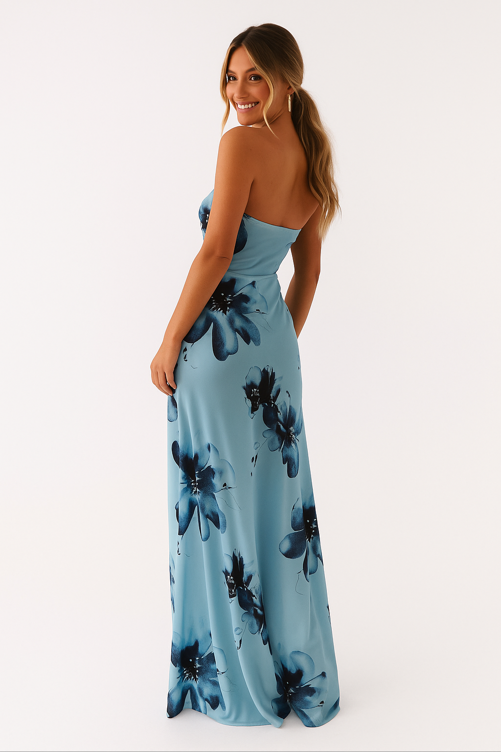 Blue strapless maxi dress with floral pattern and wide skirt