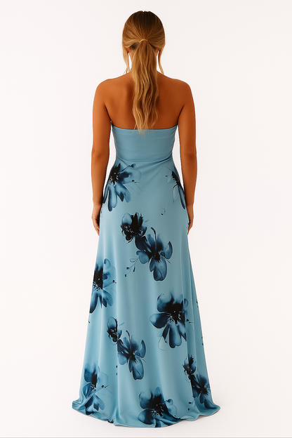 Blue strapless maxi dress with floral pattern and wide skirt