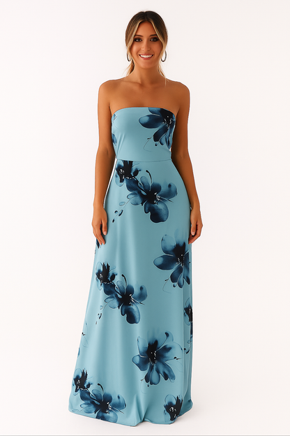 Blue strapless maxi dress with floral pattern and wide skirt