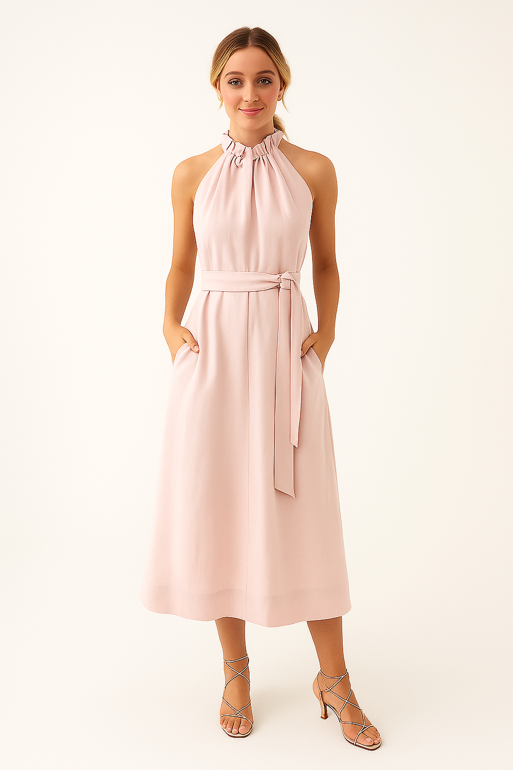 Pink midi dress with halter neck – simple silhouette with tie detail