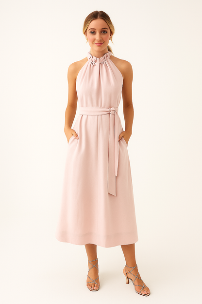 Pink midi dress with halter neck – simple silhouette with tie detail