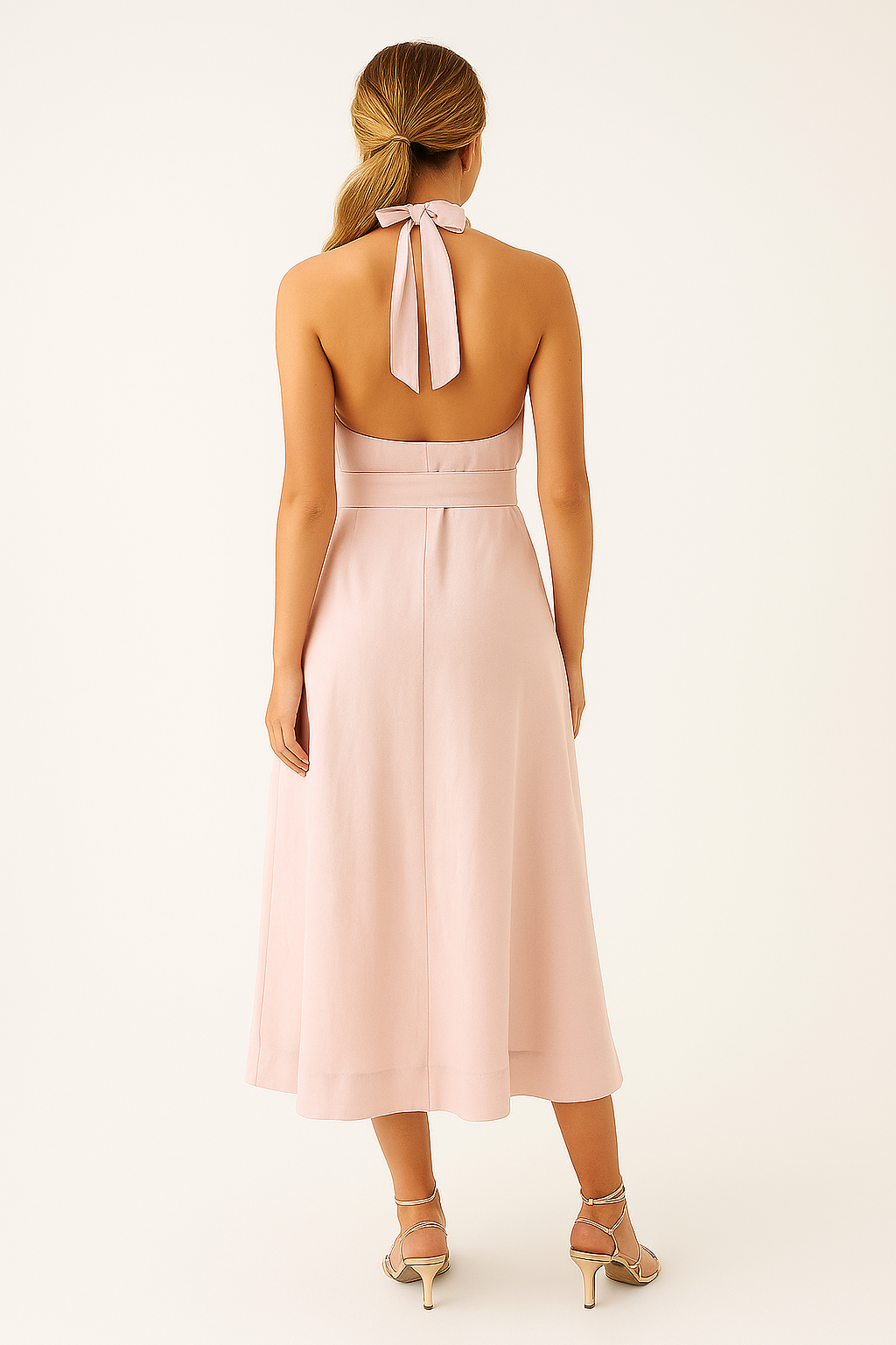 Pink midi dress with halter neck – simple silhouette with tie detail