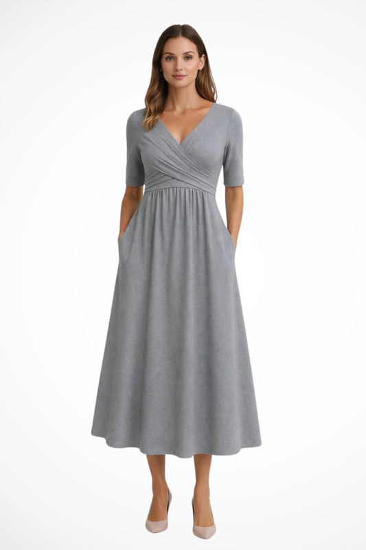 Damen Midikleid mit Wickeloptik und V-Ausschnitt Kurzarm A-Linien Schnitt mit Seitentaschen