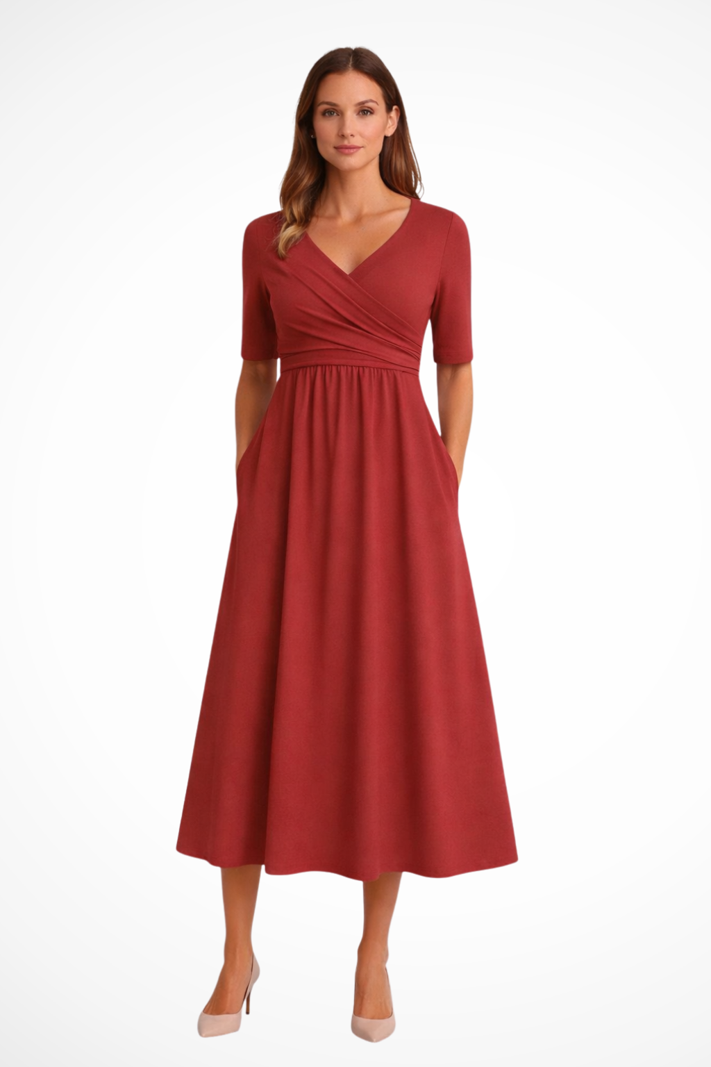 Women's Midi Dress with Wrap Look and V-Neck Short Sleeves A-Line Cut with Side Pockets