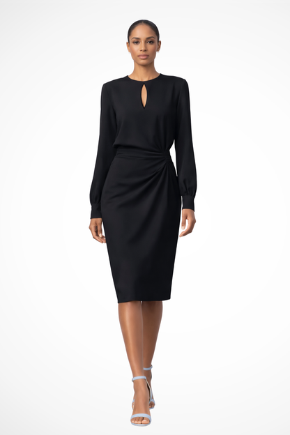 Women's Midi Dress with Long Sleeves and Keyhole Neckline