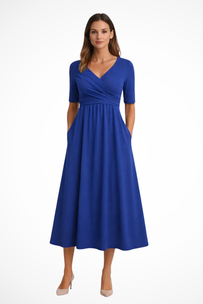Women's Midi Dress with Wrap Look and V-Neck Short Sleeves A-Line Cut with Side Pockets