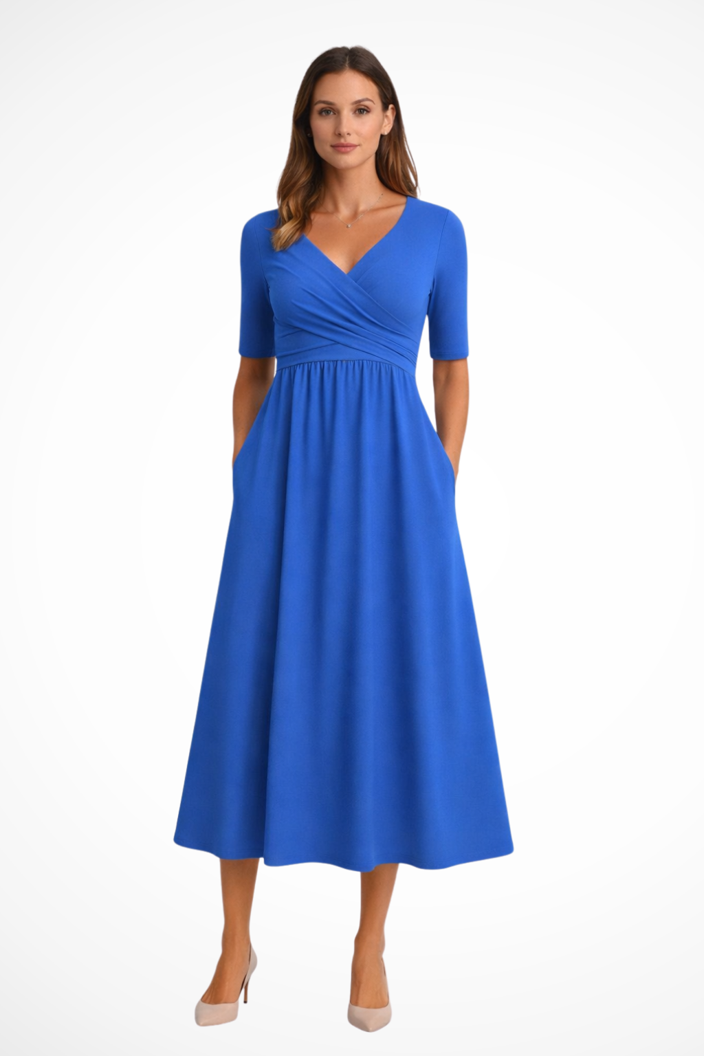 Women's Midi Dress with Wrap Look and V-Neck Short Sleeves A-Line Cut with Side Pockets