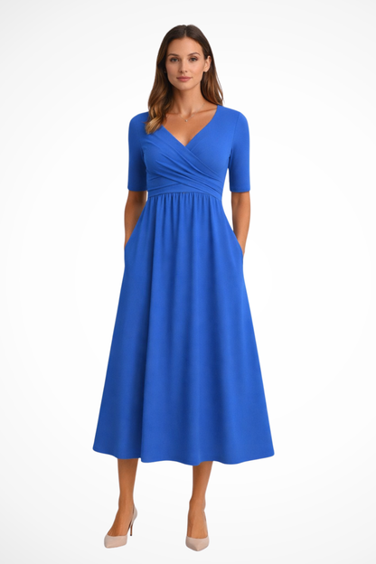 Women's Midi Dress with Wrap Look and V-Neck Short Sleeves A-Line Cut with Side Pockets