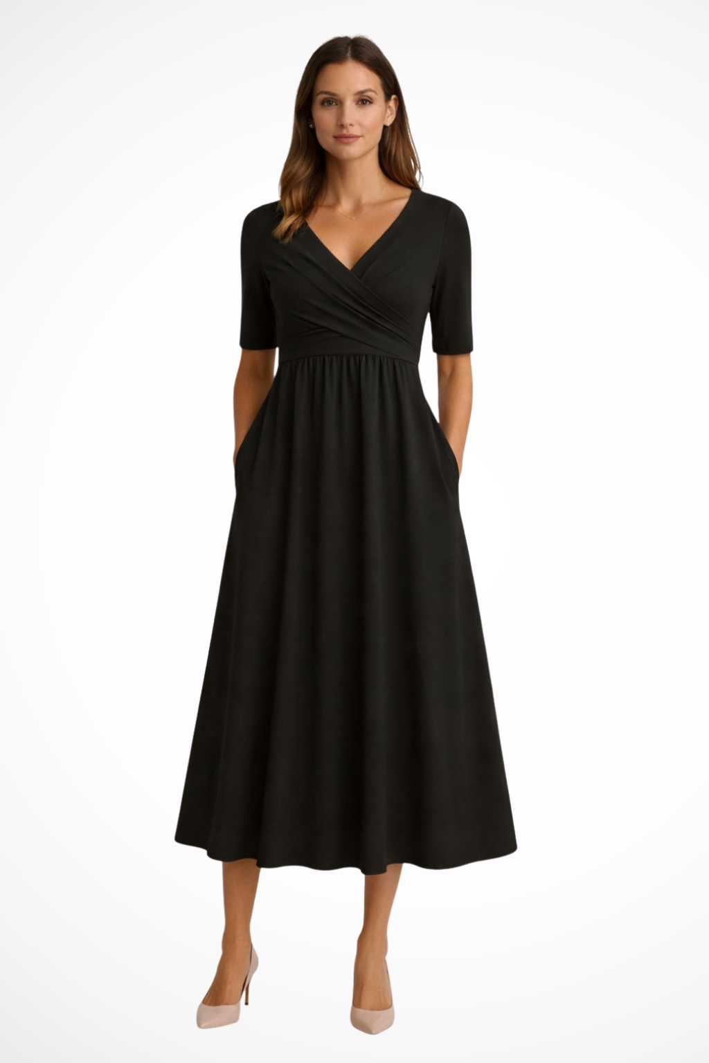 Women's Midi Dress with Wrap Look and V-Neck Short Sleeves A-Line Cut with Side Pockets