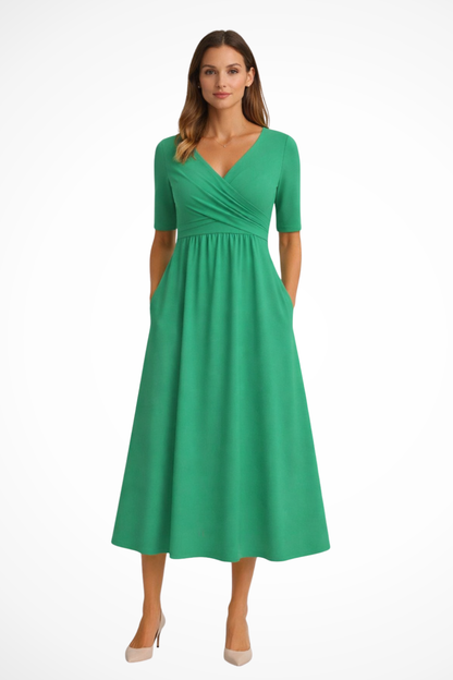 Women's Midi Dress with Wrap Look and V-Neck Short Sleeves A-Line Cut with Side Pockets