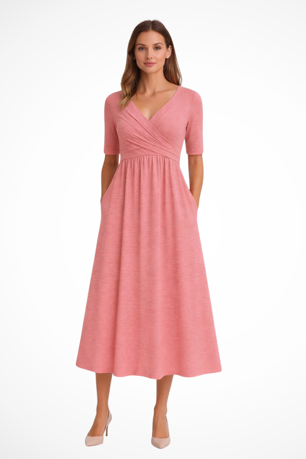 Women's Midi Dress with Wrap Look and V-Neck Short Sleeves A-Line Cut with Side Pockets