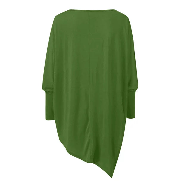Women's summer top with boat neckline and asymmetrical hem