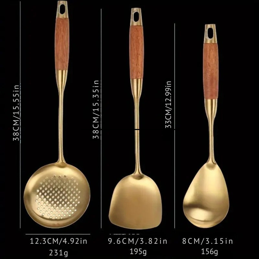 6-Piece Kitchen Utensil Set in Gold-Colored Stainless Steel with Wooden Handles Wok Turner Skimmer