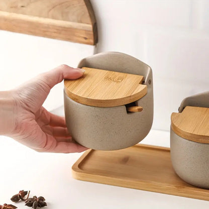 2-Piece Ceramic Spice Jar Set with Bamboo Lid and Spoon on Wooden Tray for Salt and Sugar