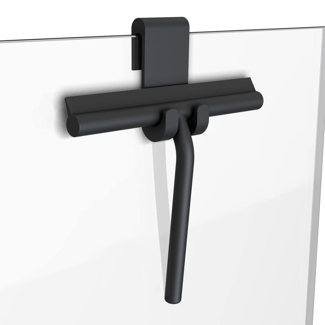 Silicone shower squeegee with matte black handle for glass, mirrors, and tiles, streak-free and compact