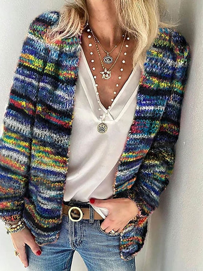 Women's cardigan with colorful stripe pattern and open front