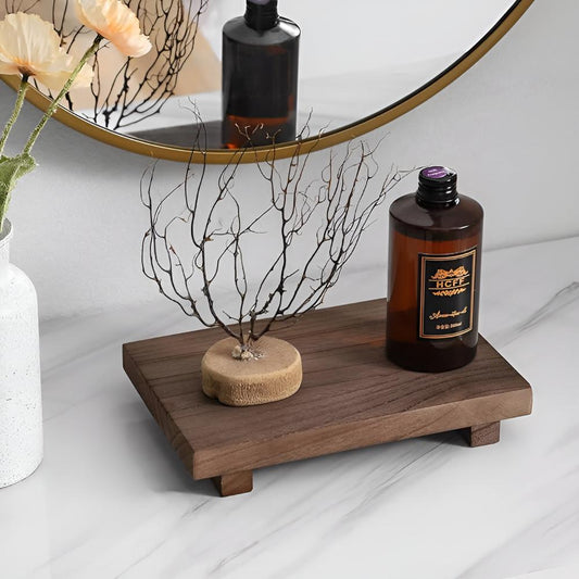 Rectangular Wooden Pedestal Tray with Feet for Bathroom Decor, Care Products, and Serving Presentation
