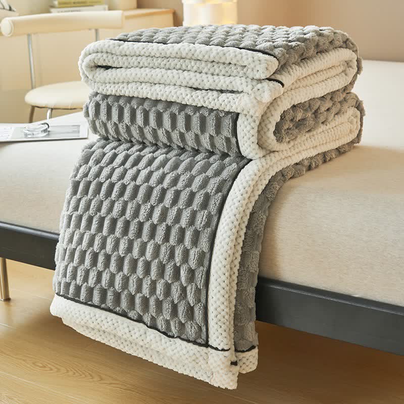 Reversible coral fleece blanket with 3D popcorn texture and contrast trim, extra thick and soft for sofa and bed
