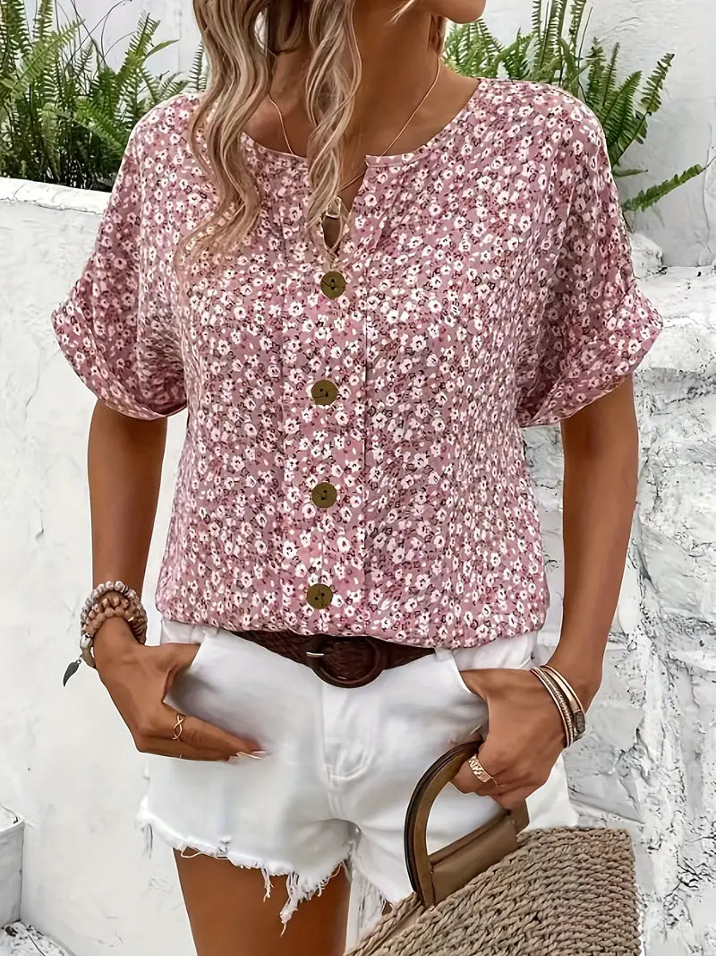 Women's Top with Button Placket and Short Sleeves for Summer