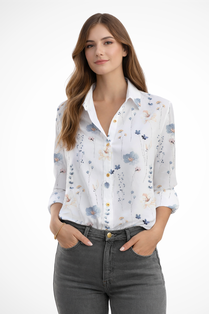 Women's Blouse with Floral Pattern and Long Sleeves