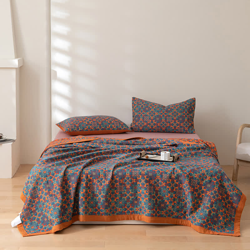 Reversible six-layer cotton blanket with mandala pattern and border, breathable for summer and transitional seasons