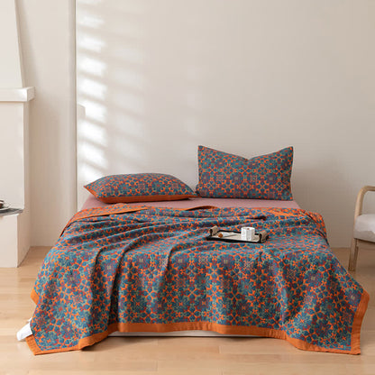 Reversible six-layer cotton blanket with mandala pattern and border, breathable for summer and transitional seasons