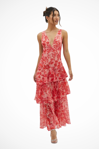 Women's Maxi Dress with V-Neck and Tiered Skirt