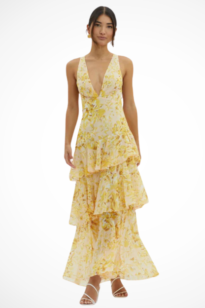 Women's Maxi Dress with V-Neck and Tiered Skirt