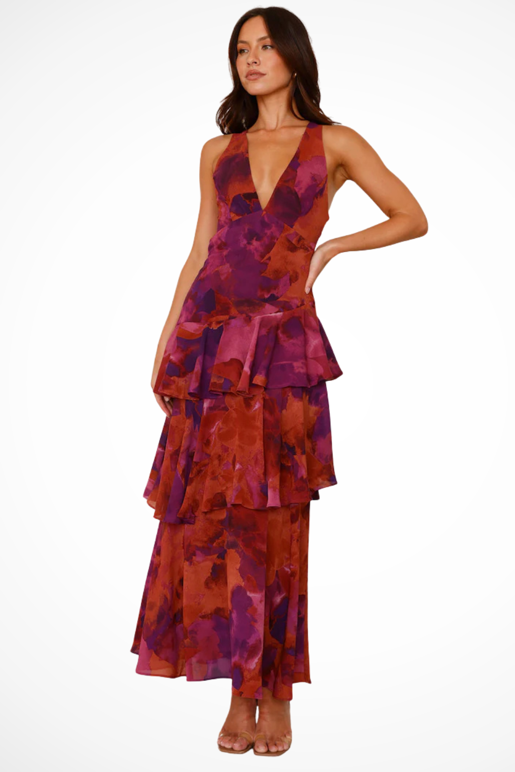 Women's Maxi Dress with V-Neck and Tiered Skirt
