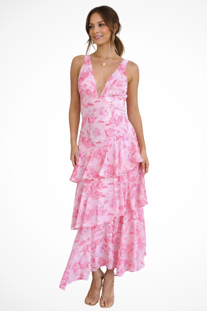 Women's Maxi Dress with V-Neck and Tiered Skirt