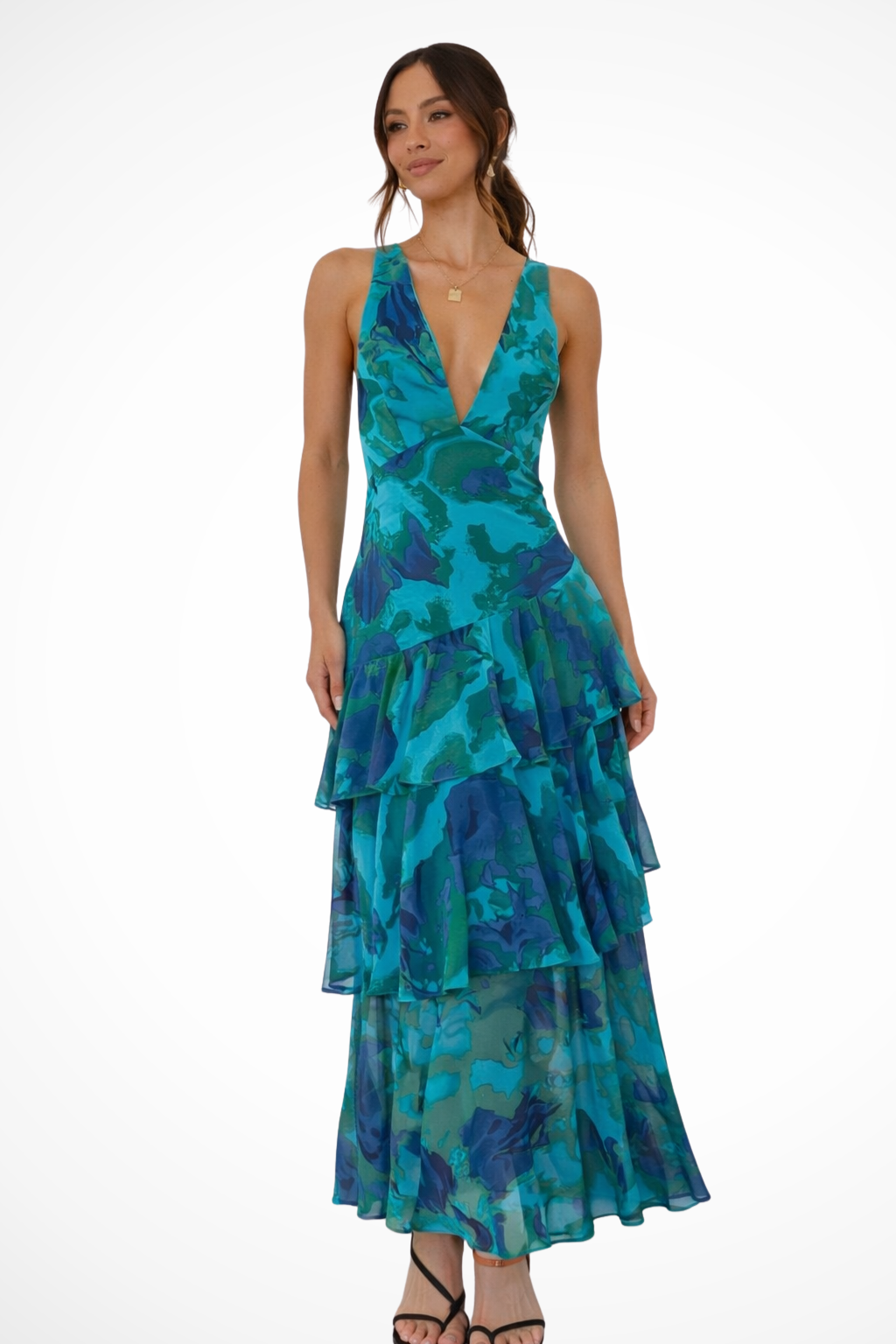 Women's Maxi Dress with V-Neck and Tiered Skirt