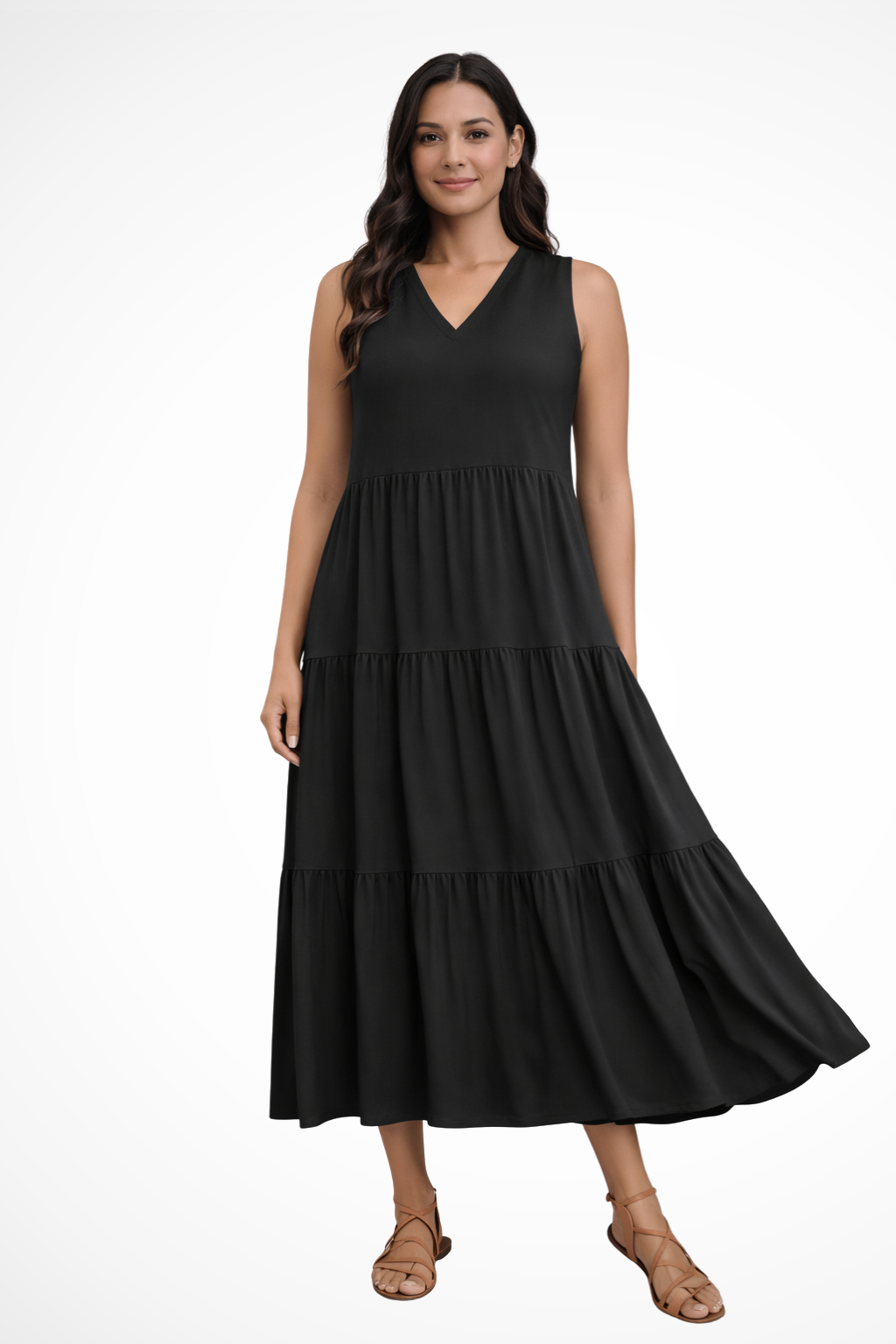 Women's Maxi Dress with Tiered Skirt and V-Neck