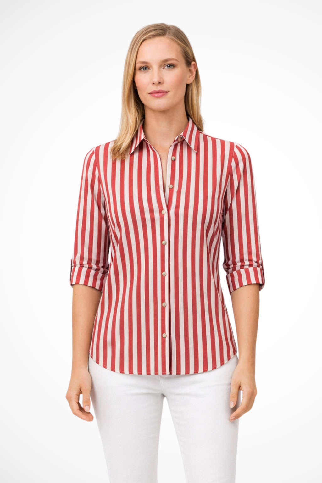 Women's Blouse Slim Fit with Stripe Pattern Pointed Collar and Rolled Sleeves with Tab